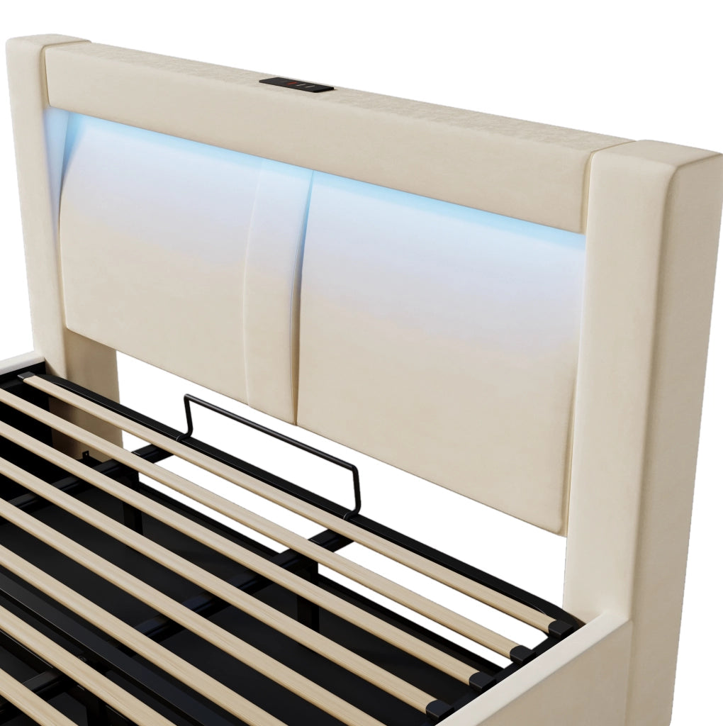Letto imbottito con contenitore 180x200 cm, LED, USB e Type‑C