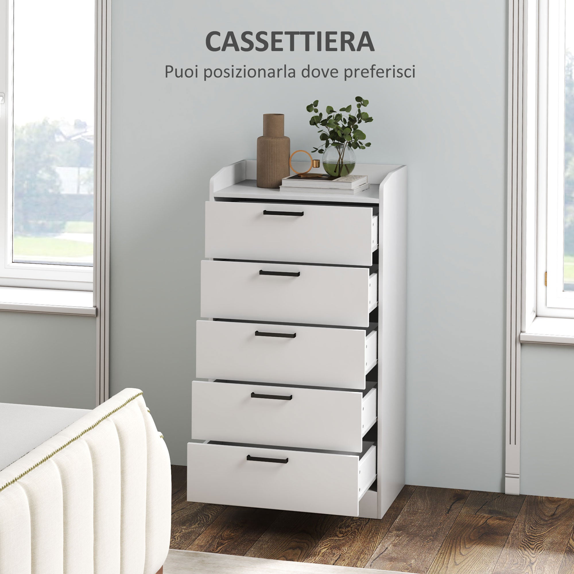 Cassettiera 5 Cassetti 60x40x114 cm in Legno Bianco