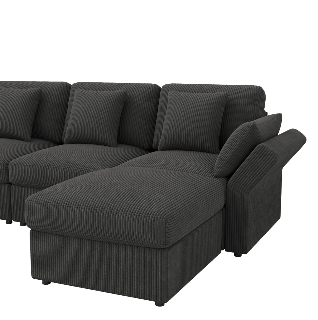 Divano modulare grigio in velluto a coste con 2 pouf
