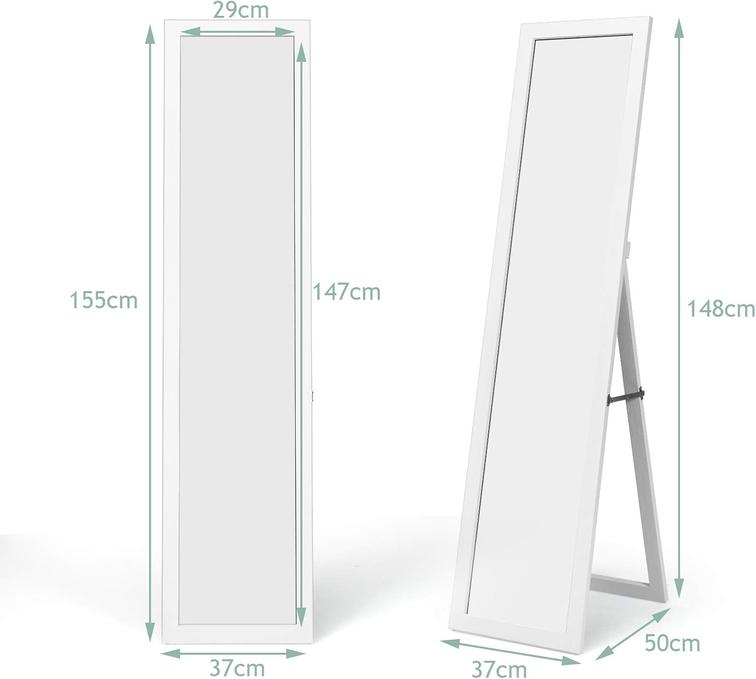 Specchiera da Terra Autoportante a Figura Intera, Specchio Rettangolare, in Legno (Bianco)