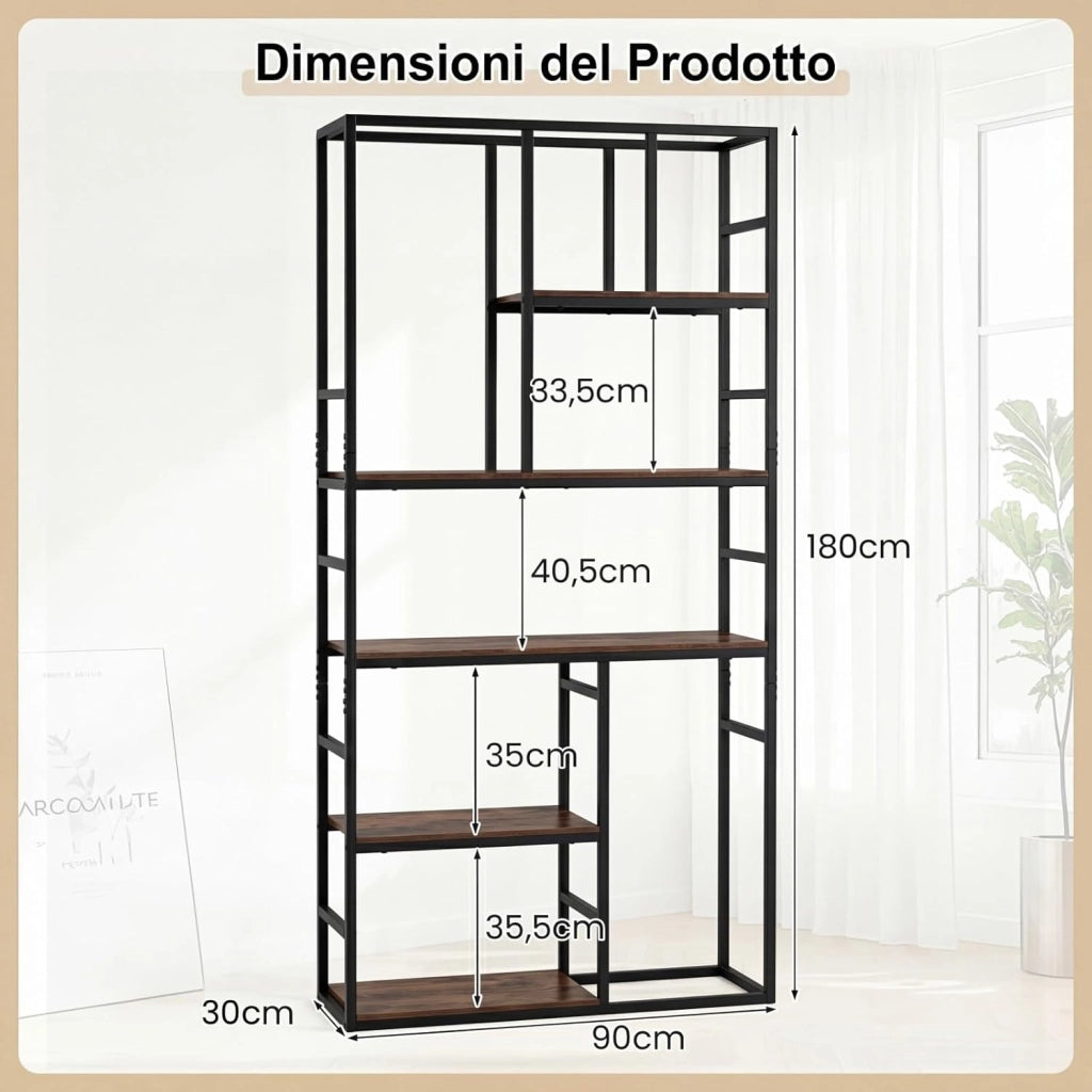 Libreria Scaffale, Libreria Verticale a 5 Ripiani con Mensola Aperta e Struttura Metallica, 90 x 30 x 180 cm, Organizzatore Indipendente per Soggiorno, Ufficio e Camera da Letto