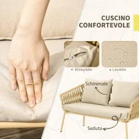 Salotto da Esterno con Divano 2 Posti, 2 Poltrone con Cuscini e Tavolino in Vetro