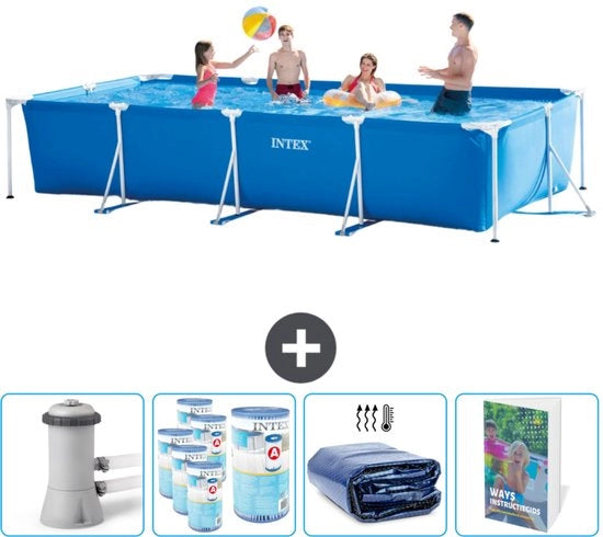 Piscina Rettilinea a Forma di Quadro - 450 x 220 x 84 cm - Blu - Incluso Pompa di Piscina con Filtro - Filtro - Parasole Solare - Guida alla Piscina