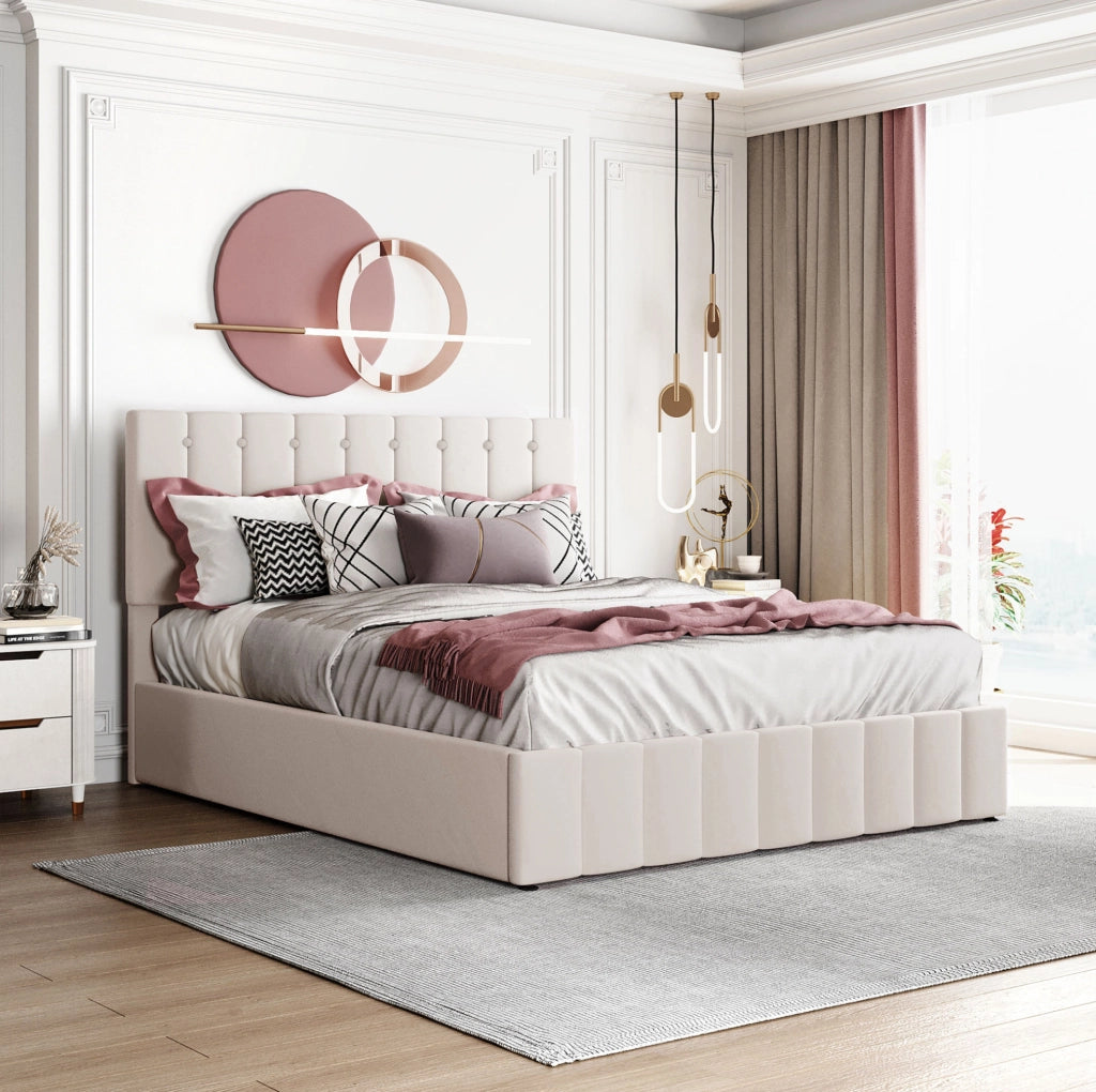 Letto imbottito 140x200 cm; contenitore idraulico; velluto; bianco crema (Senza materasso)