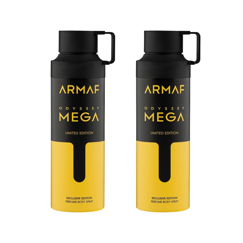 Armaf Odyssey Body Spray 200 ml – Set 2 Pezzi – Spray Corpo Profumato Uomo e Unisex – Fragranze Mandarin Sky, Mega, Candee, Limoni Fresh – 2 x 200 ml 2xMega