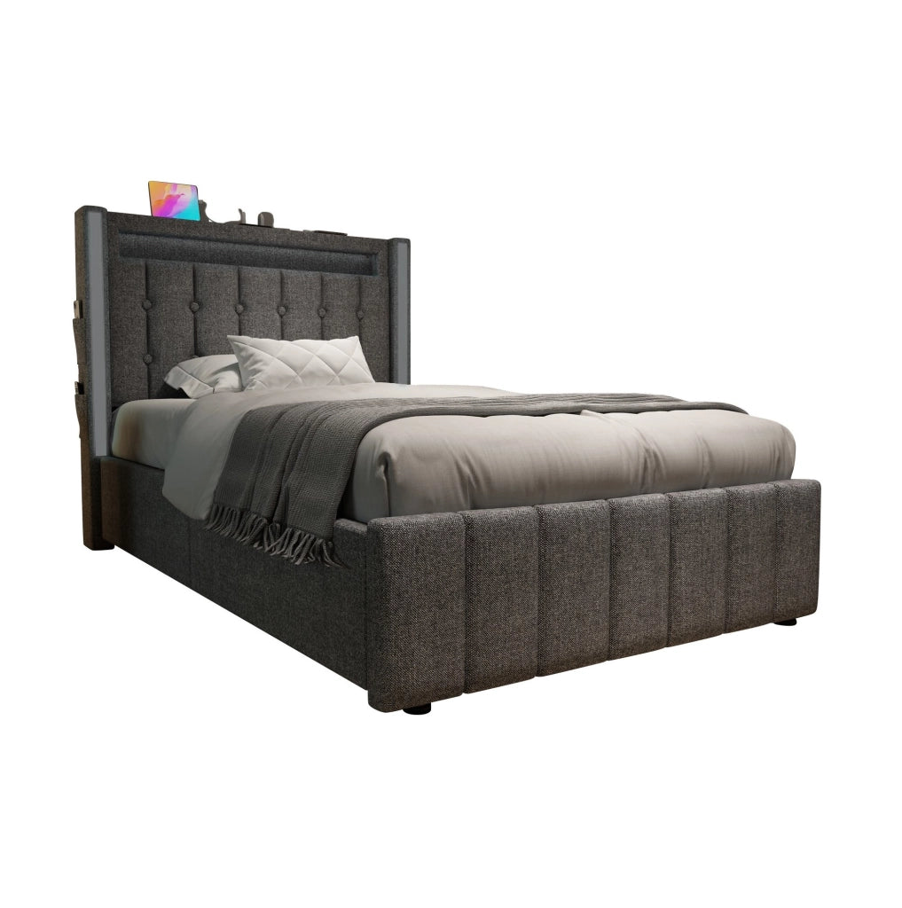 Letto singolo 90x200 cm con LED; porte USB e USB C; 2 cassetti; rivestimento in lino grigio