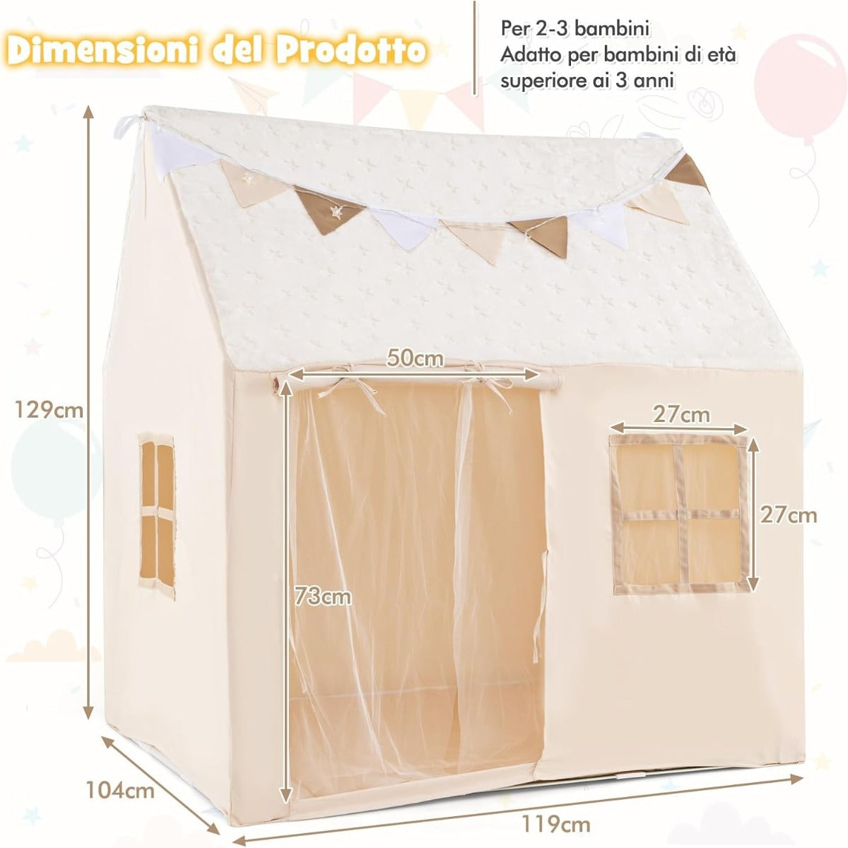 Tenda da gioco per bambini per bambini 3+ anni, Grande casa da gioco con stelle luminescenti Beige-Tende e Casette per bambini