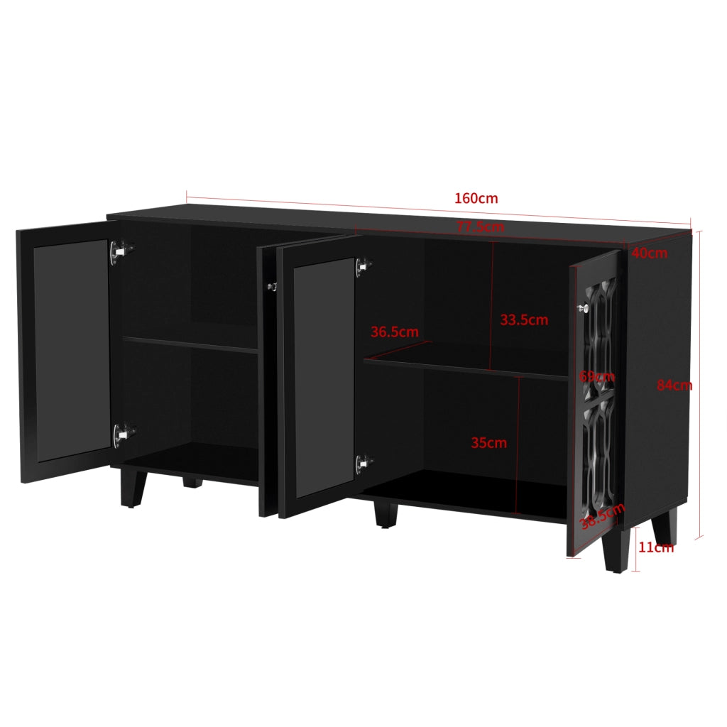 Credenza 160x40x84 cm nera in MDF con 4 ante e ripiani regolabili