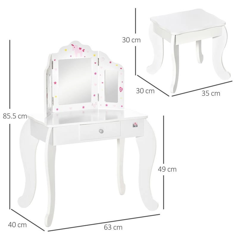 TOELETTA PER BAMBINI CON SGABELLO IN LEGNO, 3 SPECCHI E CASSETTO 63X40X85CM