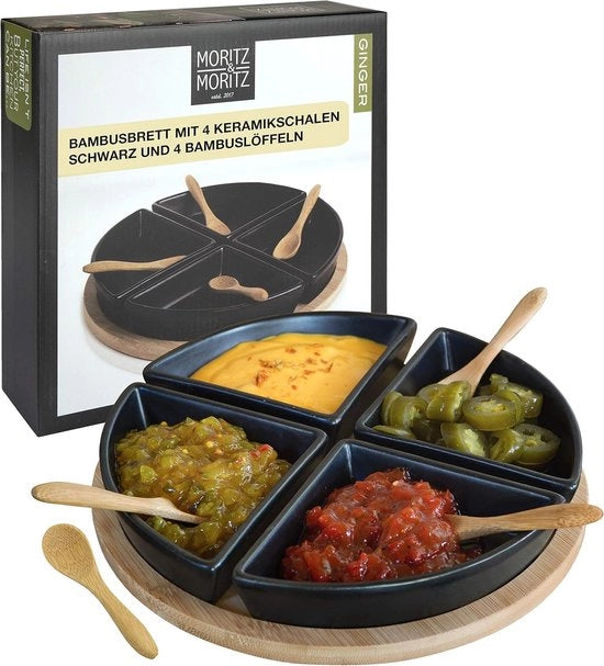 Piatto di Servizio con Scialle per Antipasti - Tavolo di Servizio in Bambù con Ciotola Ceramica e Cucchiai per Antipasti e Spuntini