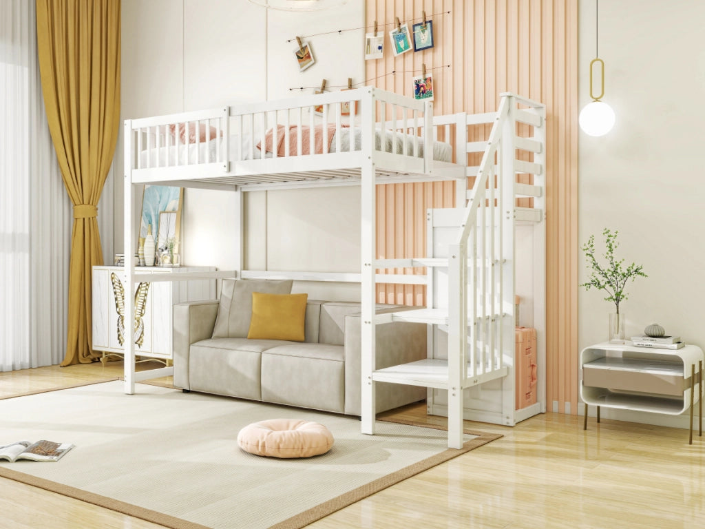 Letto a castello bianco in legno con scala e ripiano portaoggetti 90x200 cm
