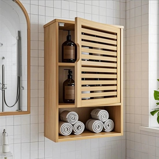 Cassettiera da bagno a muro, cassettiera da bagno in bambù con porta e pannelli regolabili, risparmia spazio per medicamenti