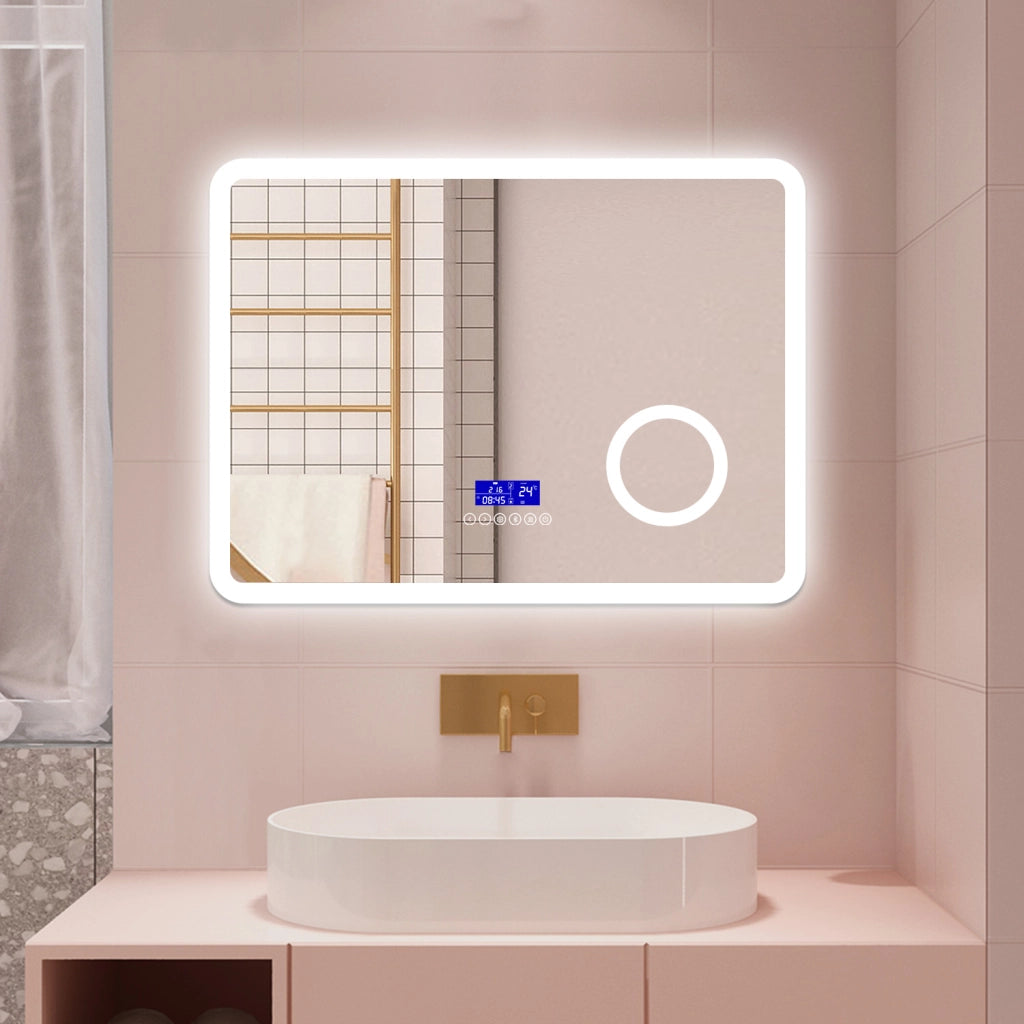 AICA Specchio da bagno  80 x 60 cm, dimmerabile, Blue tooth, Funzione Memoria, antiappannamento, 3 colori, Magnificatore,  orologio