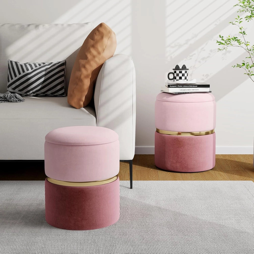 Set di 2 pouf moderni imbottiti con fascia in acciaio inox dorato e seduta imbottita, sgabello rotondo in velluto per soggiorno, camera da letto, sala trucco, rosa, 32 l + 21 l