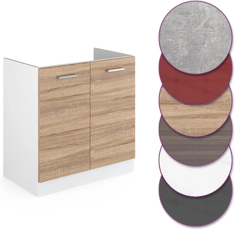 Base per lavello R-Line, Sonoma, 80 cm con ante, senza piano di lavoro, adatto per il montaggio sotto i piani di lavoro nelle cucine componibili