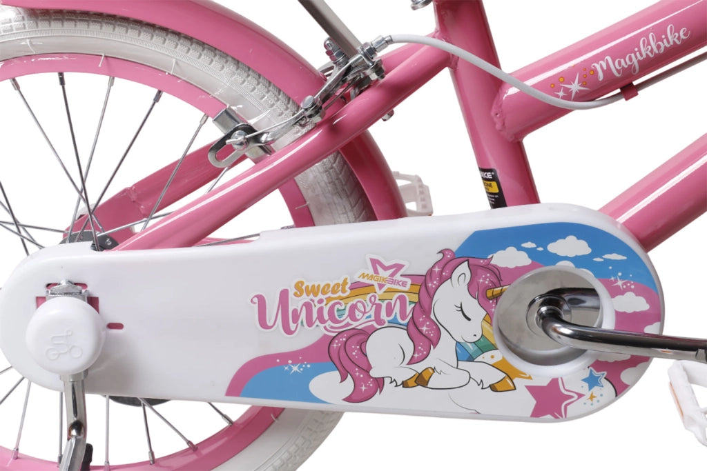Bicicletta per Bambine Unicorn 14 Pollici con Stabilizzatori Bauletto e Cestino Rosa Rosa
