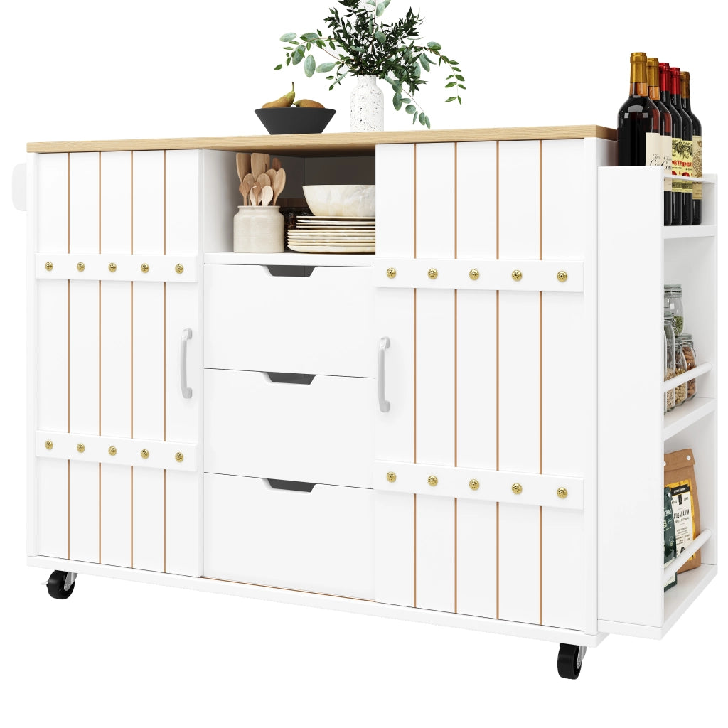 Carrello da Cucina con 2 Ante Scorrevoli; 3 Cassetti; Ripiano Laterale; Piano Ribaltabile e Ruote; in MDF; 110x42x90 cm; Bianco