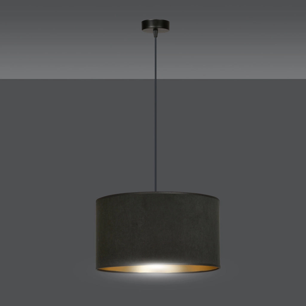 Sospensione 1 Luce Ganesha In Acciaio Nero E Paralume In Tessuto Nero