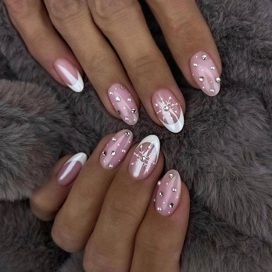 24 pezzi di unghie adesive a pressione con pietre di strass - disegno fiocco di neve - unghie a forma di mandorla a copertura completa