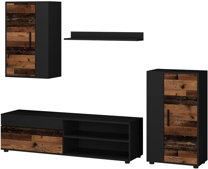 Parete attrezzata Berno, Rovere rustico, Set di 4 pezzi, adatto per la conservazione di dispositivi multimediali e accessori
