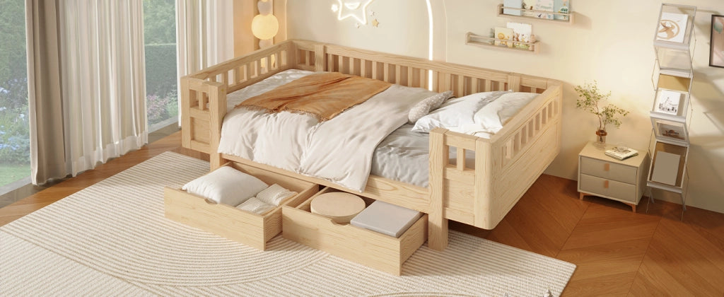 DESMIU Letto bambino 90 × 200 cm con 2 cassetti e sponda di sicurezza, senza materasso, in legno, colore legno