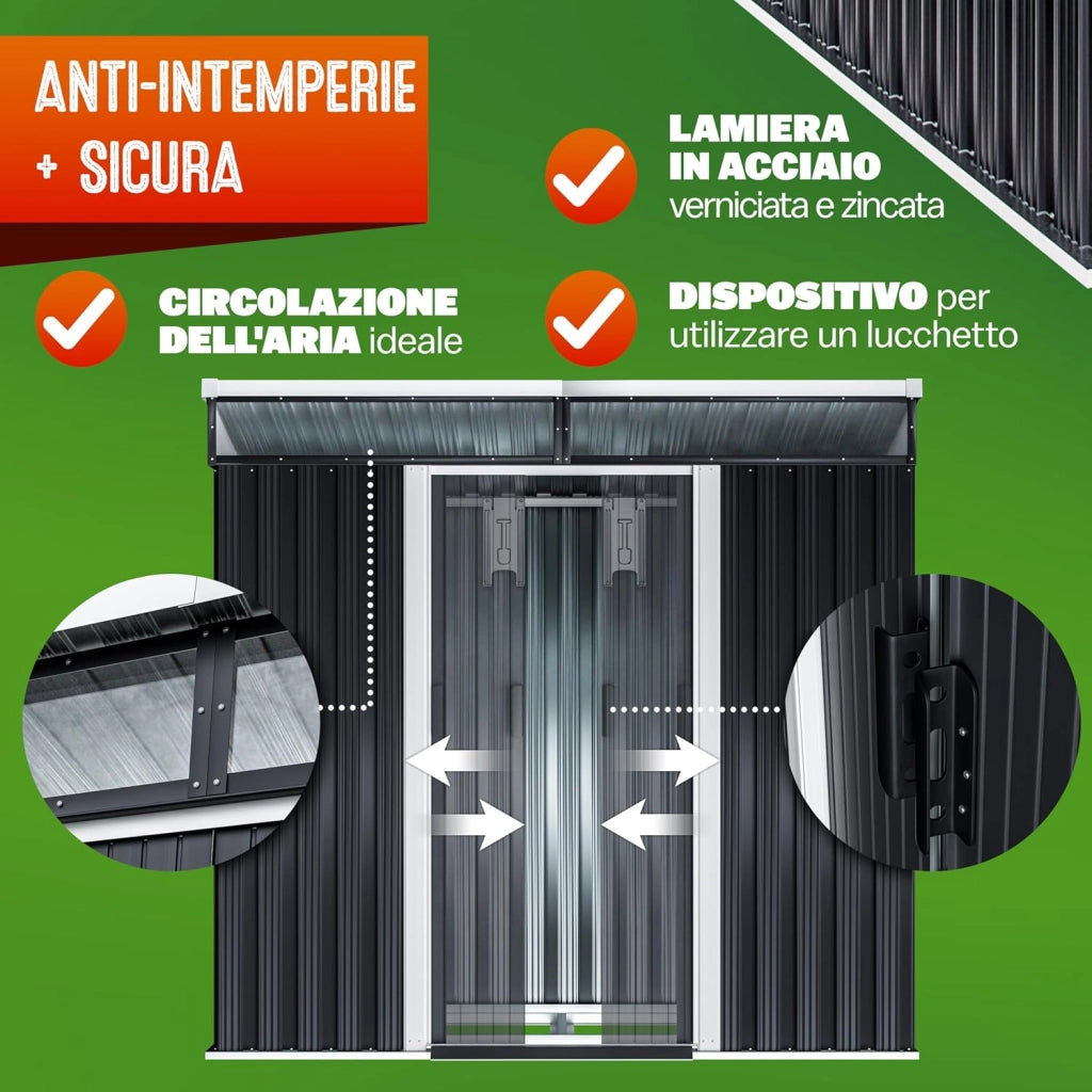 ® Casetta da Giardino in Metallo 2m² con Fondazione 200x125x180cm 2 Finestre Capanno per Attrezzi 4m³ Esterno