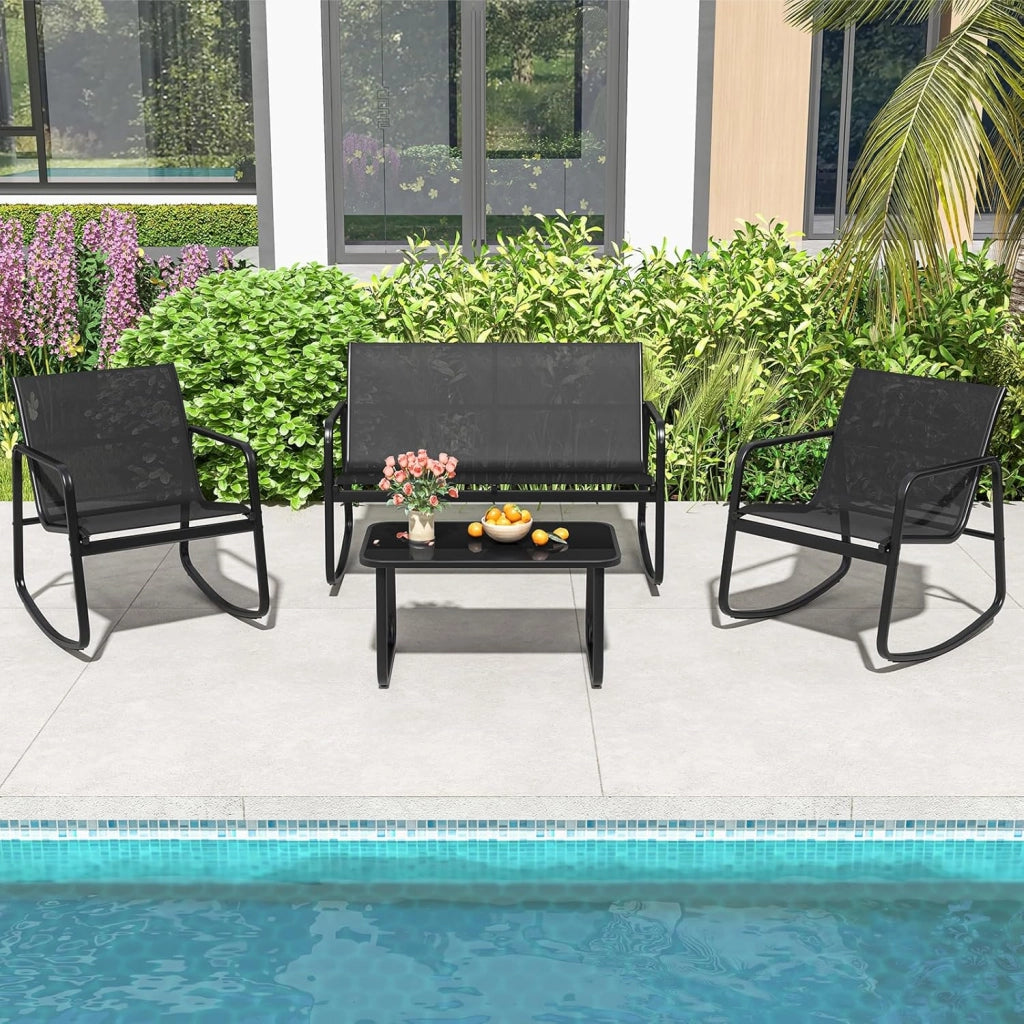 Set di 4 giardino con tavolino da salotto e panca mobile e 2 sedie a dondolo, mobili da balcone in textilene con delicato movimento a dondolo, per 4 persone