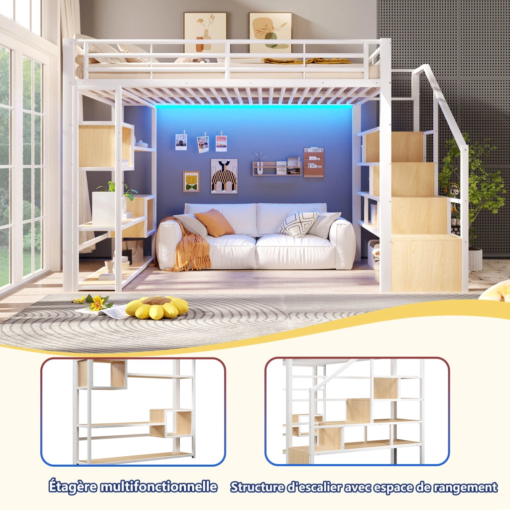 Letto a soppalco 140x200 cm con spazio libero sottostante; LED; ripiano; gradini integrati e parapetto; metallo bianco