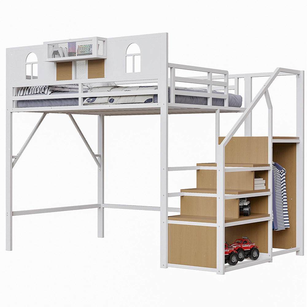 Letto a Soppalco Metallo 140x200cm - Xylo - con Scala e Contenitore, Bianco