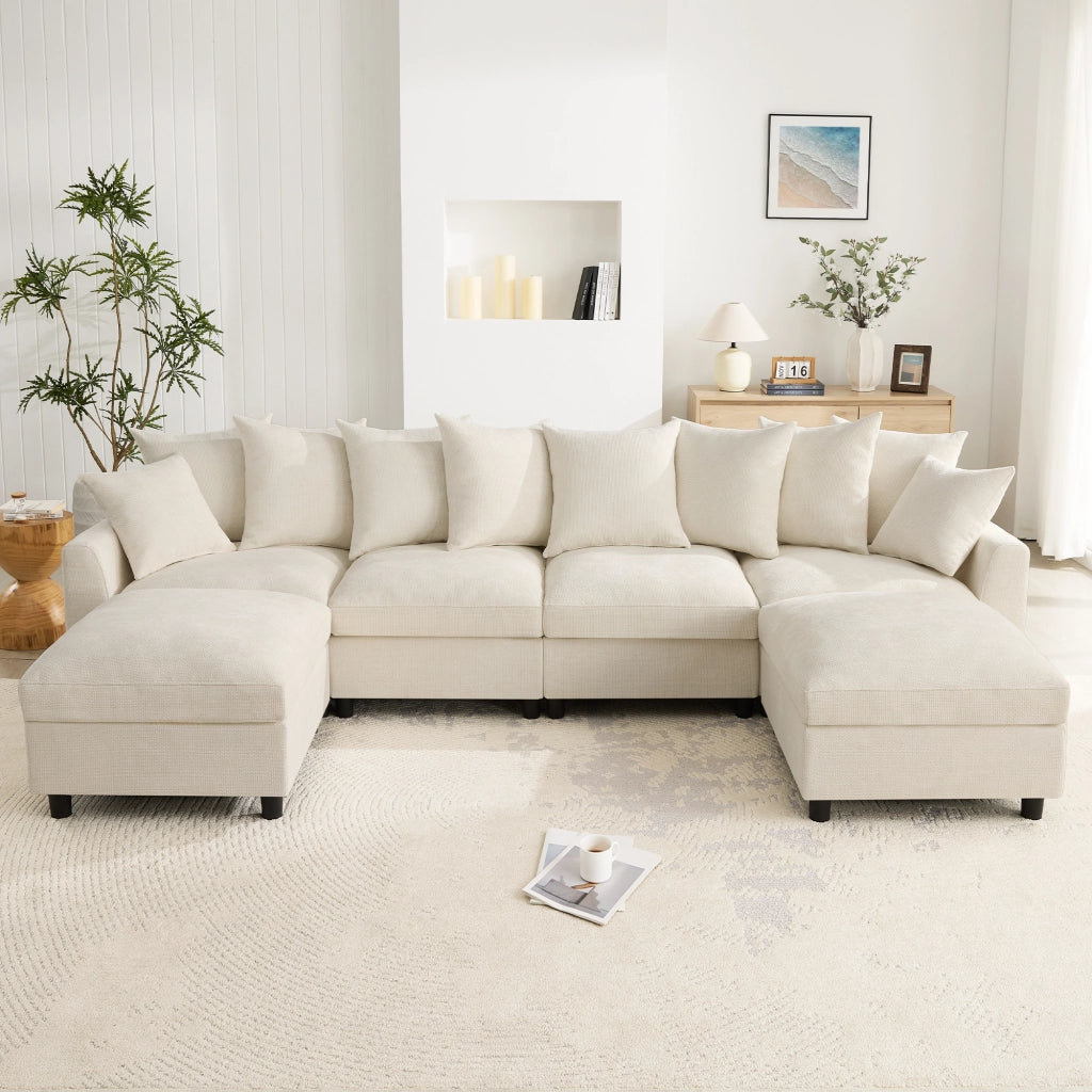 SOFA Modulare a U/L 6 posti 283x153,5x78,5 cm Chenille Beige con 2 pouf