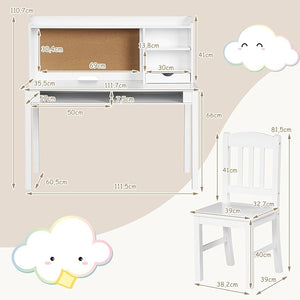 Set Scrivania e Sedia per Bambini 5-12 Anni, Tavolo in Materiale Sicuro con Bacheca in Sughero, 2 Cassetti e Spazio Ampio, Design Moderno, Ideale per Studio e Disegno (Bianco)