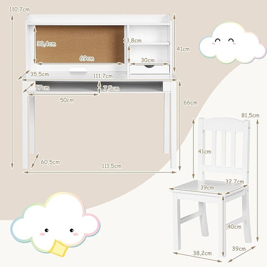 Set Scrivania e Sedia per Bambini 5-12 Anni, Tavolo in Materiale Sicuro con Bacheca in Sughero, 2 Cassetti e Spazio Ampio, Design Moderno, Ideale per Studio e Disegno (Bianco)