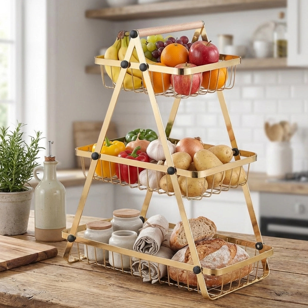 Cesto per Frutta e Verdura 3 Piani Inossidabili con Manico in Legno Dorato Cheffinger