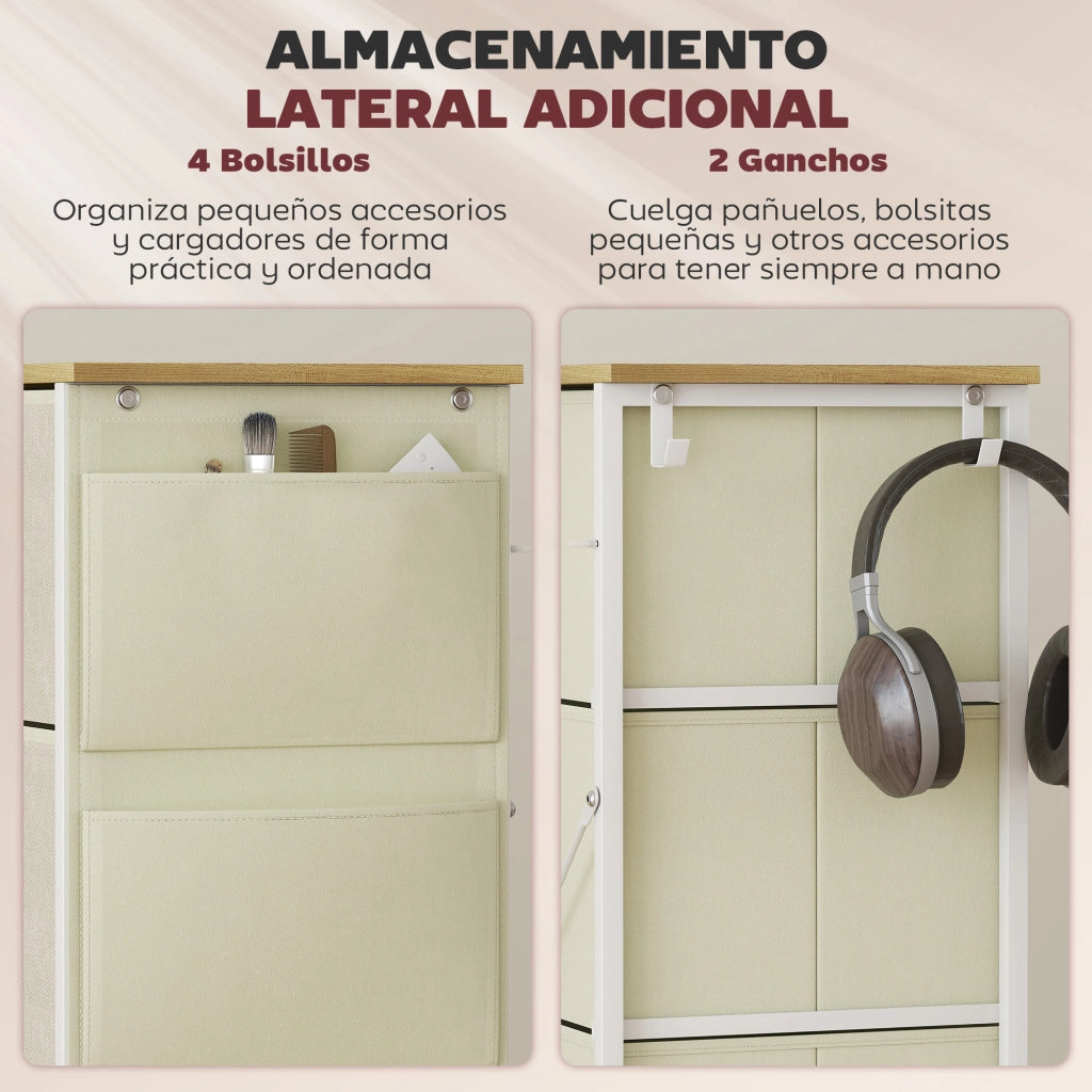 Cassettiera con 4 Cassetti e 4 Tasche Laterali ¨C zephmum ¨C Tessuto Beige 60x40x80 cm