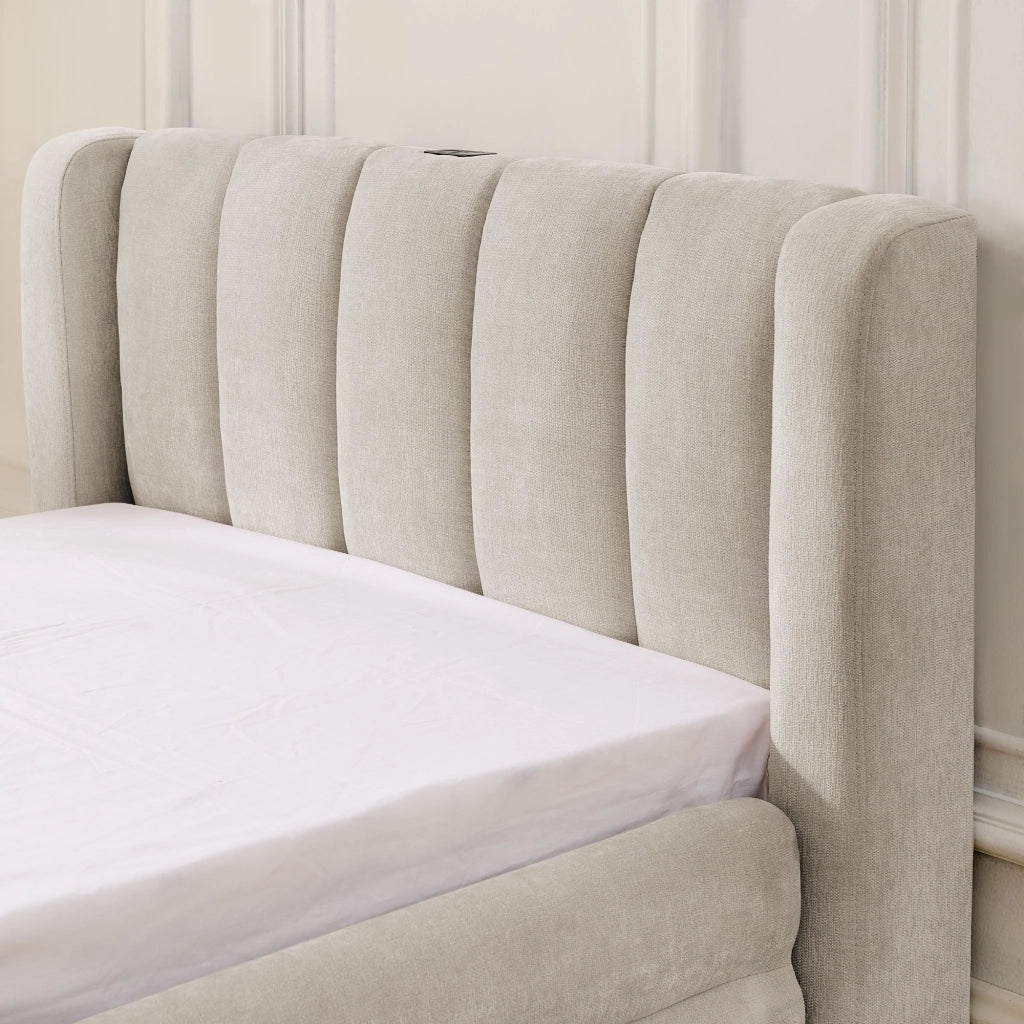 Letto Singolo 90x200 cm; 1 Posto - 2 Cassetti; USB e Type-C - Chenille - Beige
