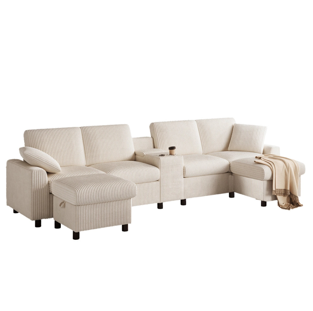 Divano a U in velluto a coste beige con contenitori, tavolino e prese integrate