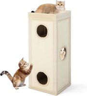 Casa per Gatti a 4 Piani, Condominio per Gatti Alto 99 cm con Trespoli per Graffiare, 3 Nascondigli e 4 Morbidi Cuscini in Peluche, Mobili per Gatti Moderni a Forma di Barile (Naturale)