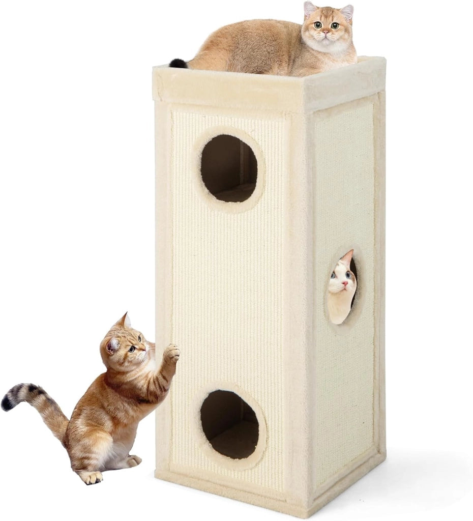Casa per Gatti a 4 Piani, Condominio per Gatti Alto 99 cm con Trespoli per Graffiare, 3 Nascondigli e 4 Morbidi Cuscini in Peluche, Mobili per Gatti Moderni a Forma di Barile (Naturale)