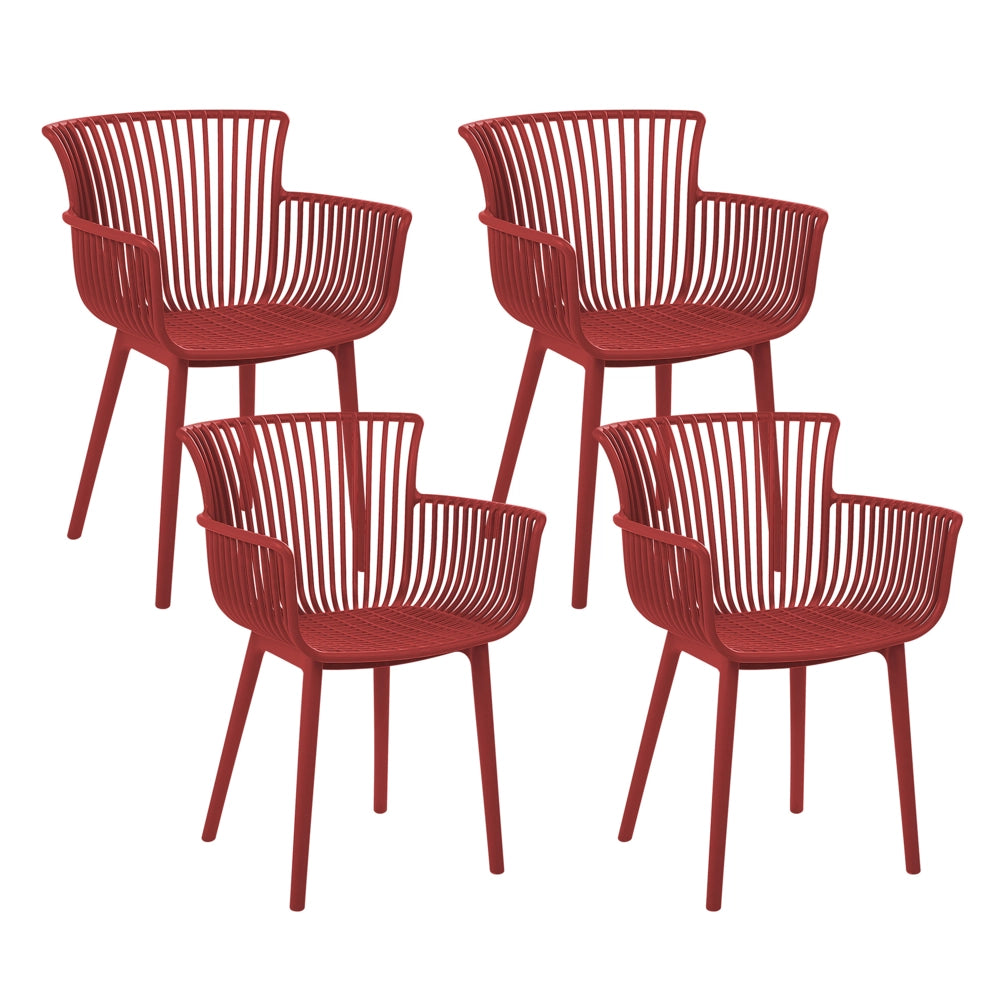Set di 4 sedie da pranzo in plastica rossa per interni ed esterni da giardino con braccioli in stile minimalista