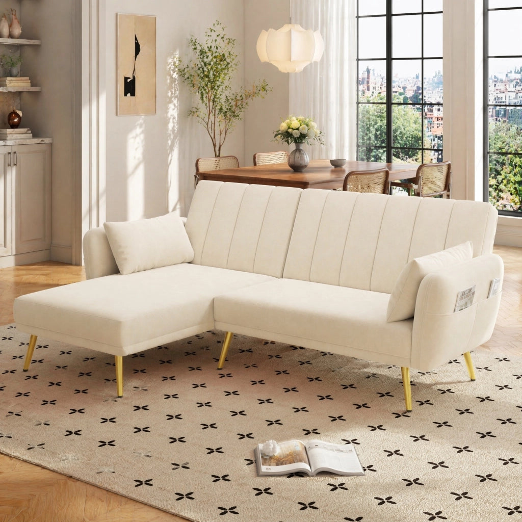 Divano angolare multifunzione in velluto beige con funzione letto e vano portaoggetti laterale