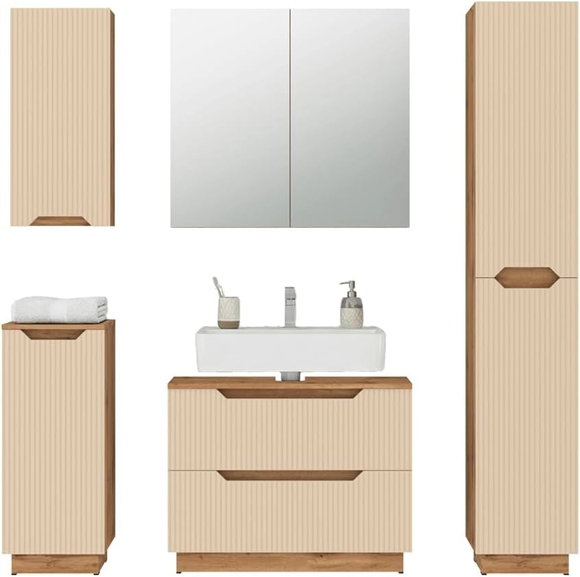 Set di mobili da bagno Lotta, Rovere/cashmere a righe, 5 parti
