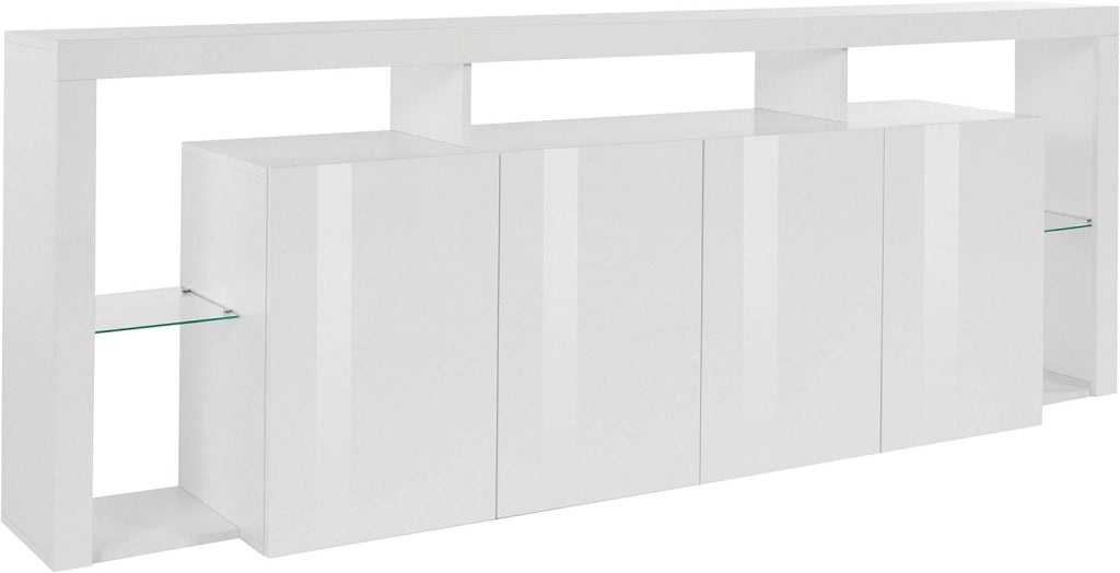 Credenza con 4 Ante e Ripiani in Vetro a Giorno 220x40x80 cm Essential 3A Bianco Lucido