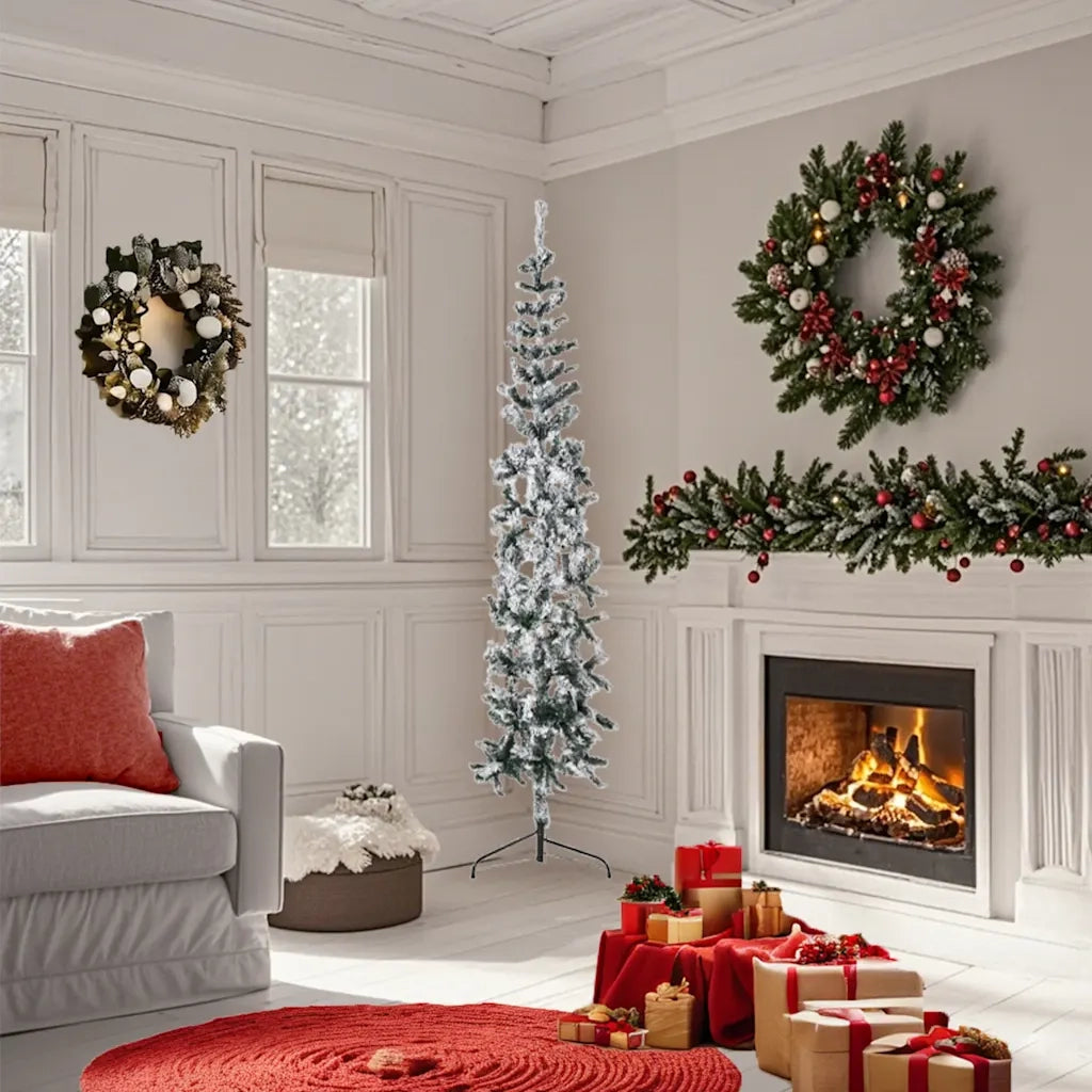 Albero Natale Artificiale Sottile a Metà Neve Fioccata 180 cm 344606