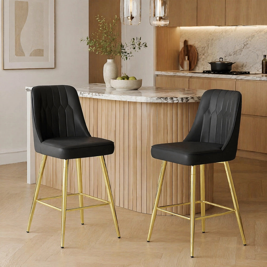 Set di 2 sgabelli da bar con poggiapiedi in metallo e pelle PU nero e oro