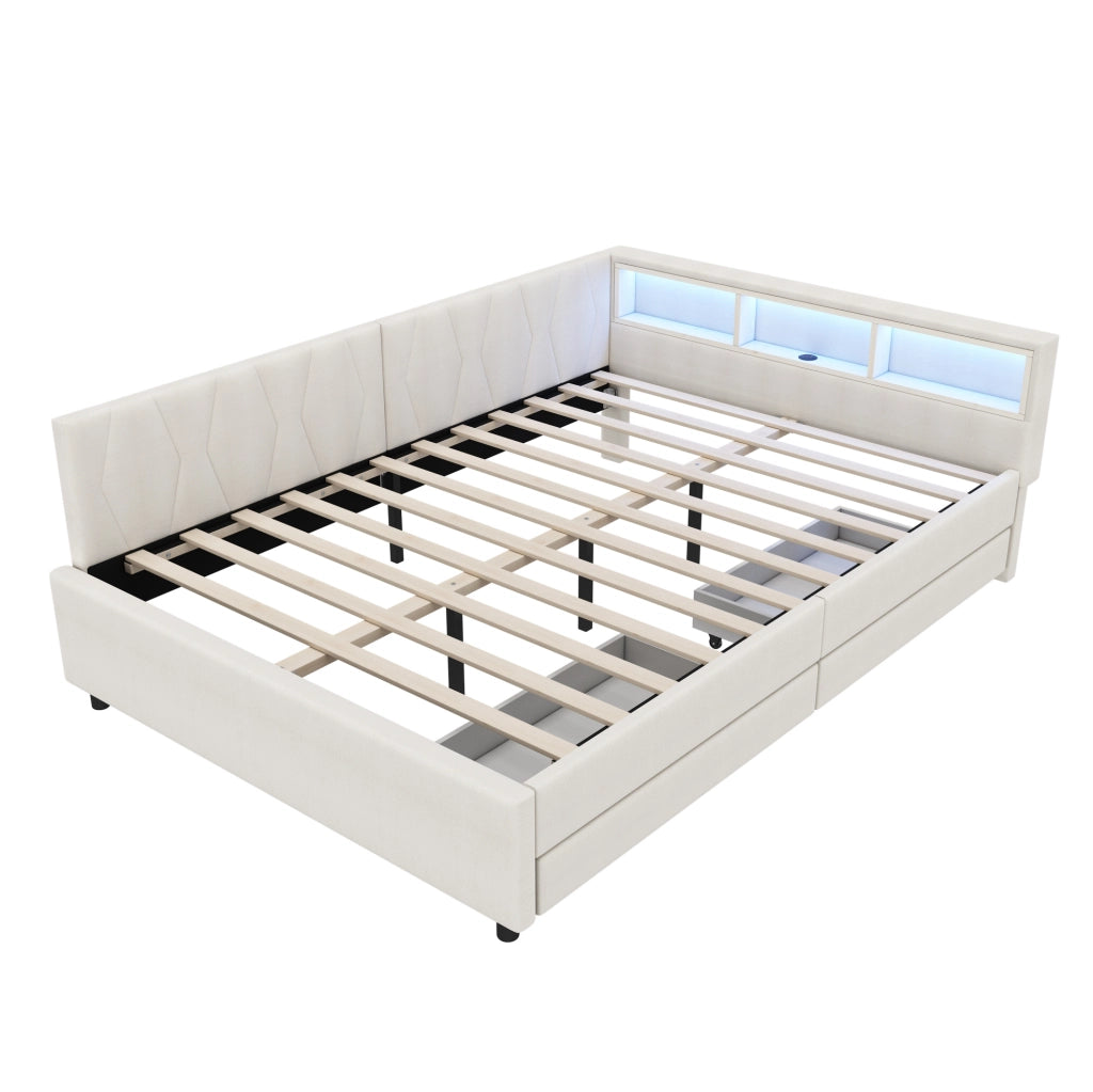 Letto a giorno 140x200 cm con LED; cassetti e USB in lino beige