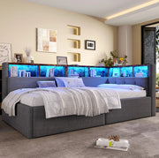 Divano letto 90x200 cm con luci LED e porte USB e Tipo C; in lino grigio