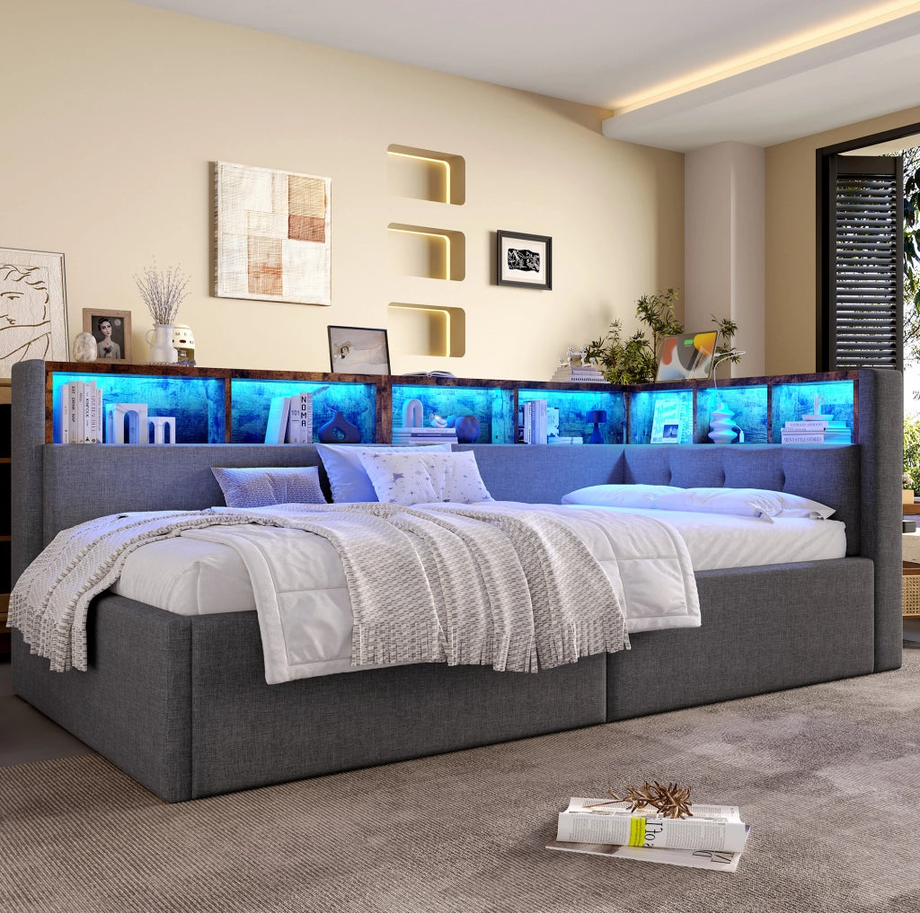 Divano letto 90x200 cm con luci LED e porte USB e Tipo C; in lino grigio