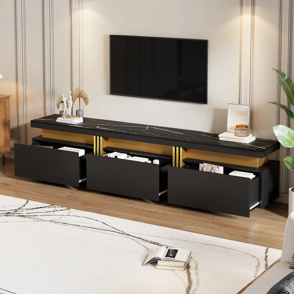 OKWISH Mobile TV con 3 Cassetti e Foro Passacavi, Effetto Marmo, per TV fino a 90 Pollici, Nero, 200×40×42 cm