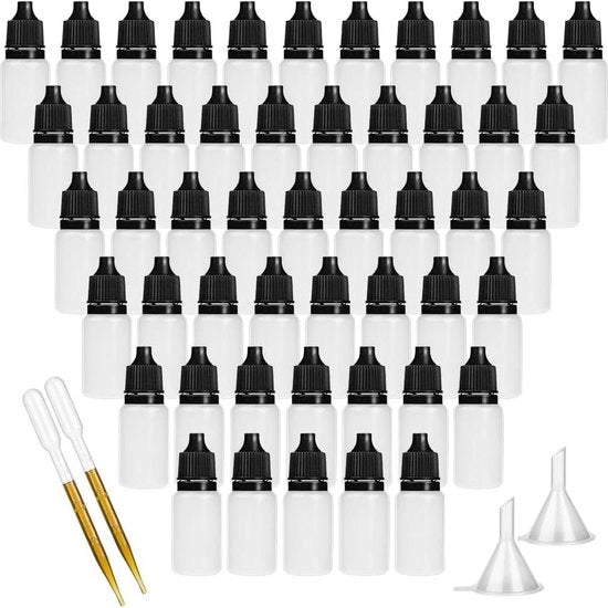 Bottiglie per gocce 10ml - 50 pezzi - Bottiglie a vite - Flaconi di gocce liquide - 10 ml - Liquido - Etichette - Bocchette - Boccette di reazione