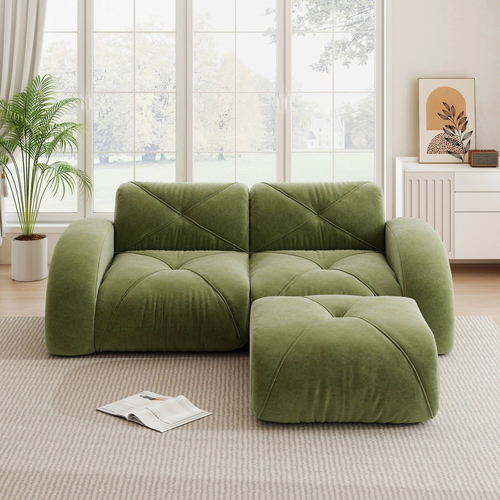 Divano modulare 2 posti con pouf; schiuma 32D; senza telaio; ciniglia; verde
